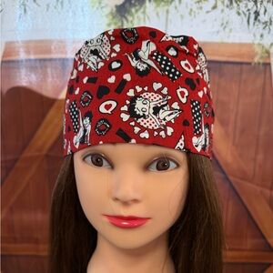 Red Printed Cotton Surgical Scrub Cap with Heart and Retro Motifs